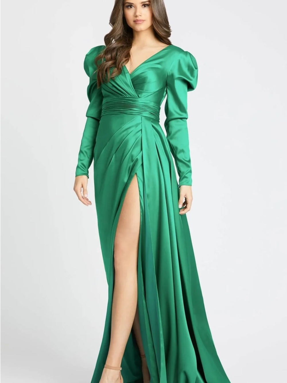 Mac Duggal Satin Emerald Green V-Neck Long Sleeve Gown